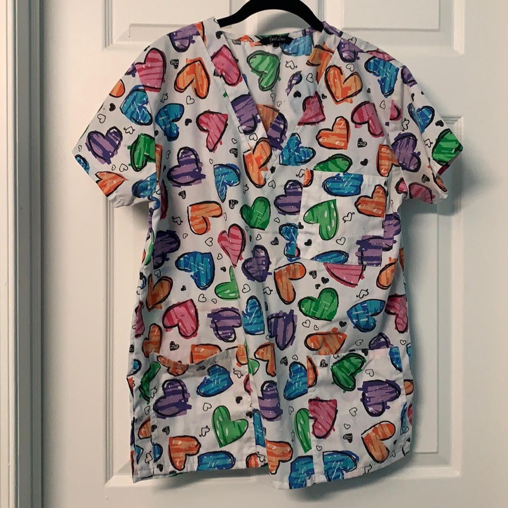 Valentine’s Day scrub top; heart scrub top